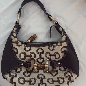 Vintage Gucci Dark Brown and Beige Shoulder Bag with Gold Hardware